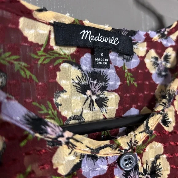 Madewell Drawstring Ruffle-Hem Top Viola Floral Pansy Print S - Picture 7 of 10